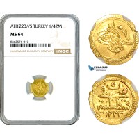 A11-715, Turkey, Ottoman Empire, Mahmud II, 1/4 Zeri Mahbub AH1223//5 (1812), Konstantiniyyie Mint, Gold, Km-605, NGC MS64
