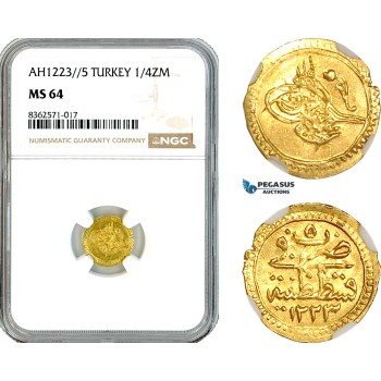 A11-715, Turkey, Ottoman Empire, Mahmud II, 1/4 Zeri Mahbub AH1223//5 (1812), Konstantiniyyie Mint, Gold, Km-605, NGC MS64