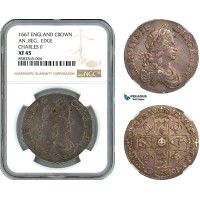 AL017, England, Charles II, Crown 1667, London Mint, Silver, AN..REG.. Edge, NGC XF45, Top Pop!