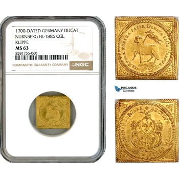 AL018, Germany, Nurnberg, Klippe "Lamb" Ducat 1700 CGL, Gold, NGC MS63, Rare!