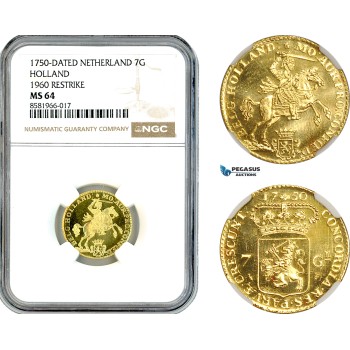 AL019, Netherlands, Holland, 7 Gulden 1750 (1960 Restrike) Gold, NGC MS64