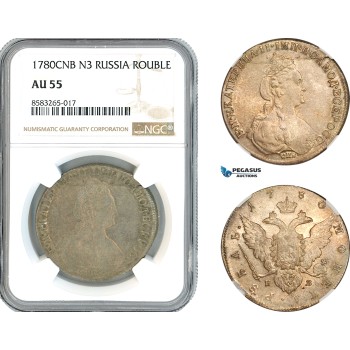 AL022, Russia, Catherine II, 1 Rouble 1780 СПБ ИЗ, St. Petersburg Mint, Silver, NGC AU55