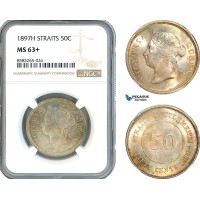 AL024, Straits Settlements, Victoria, 50 Cents 1897 H, Heaton Mint, NGC MS63+, Top Pop & Single finest graded! Very Rare!