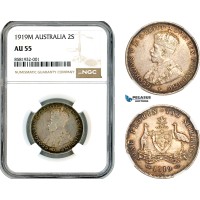 AL025, Australia, George V, Florin - 2 Shillings 1919 M, Melbourne Mint, Silver, NGC AU55