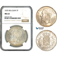AL027, Belgium, Leopold II, 5 Francs 1870, Brussels Mint, Silver, NGC MS63