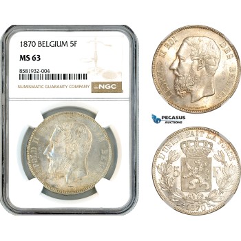 AL027, Belgium, Leopold II, 5 Francs 1870, Brussels Mint, Silver, NGC MS63