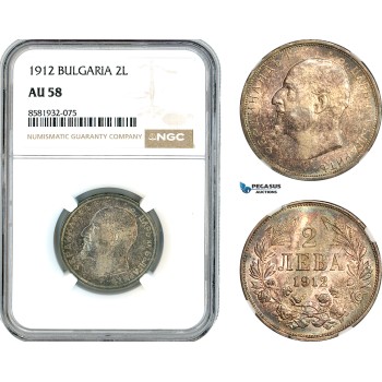 AL034, Bulgaria, Ferdinand I, 2 Leva 1912, Kremnica Mint, Silver, NGC AU58