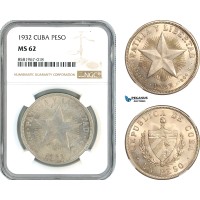 AL038, Cuba, "Star Type" Peso 1932, Philadelphia Mint, Silver, NGC MS62