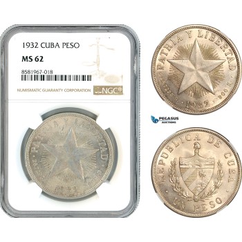 AL038, Cuba, "Star Type" Peso 1932, Philadelphia Mint, Silver, NGC MS62
