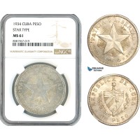 AL039, Cuba, "Star Type" Peso 1934, Philadelphia Mint, Silver, NGC MS61