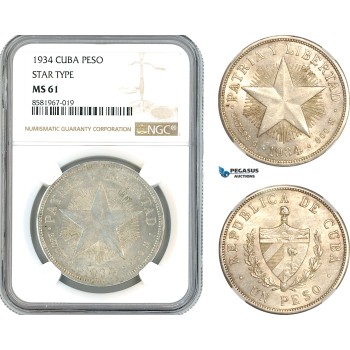 AL039, Cuba, "Star Type" Peso 1934, Philadelphia Mint, Silver, NGC MS61