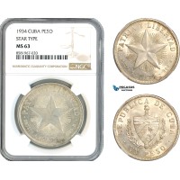 AL040, Cuba, "Star Type" Peso 1934, Philadelphia Mint, Silver, NGC MS63