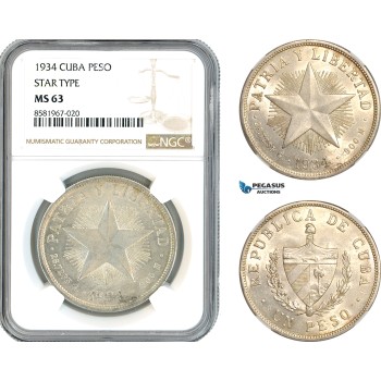 AL040, Cuba, "Star Type" Peso 1934, Philadelphia Mint, Silver, NGC MS63