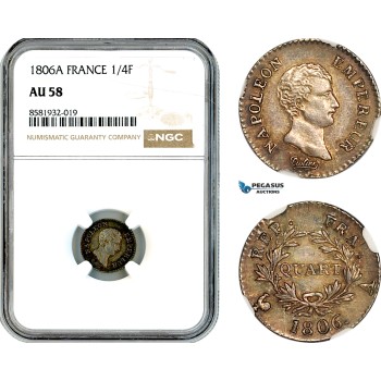 AL043, France, Napoleon I, 1/4 Franc 1806 A, Paris Mint, Silver, NGC AU58