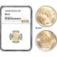 AL045, France, Napoleon III, 50 Centimes 1866 BB, Strasbourg Mint, Silver, NGC MS67, Top Pop!