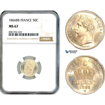 AL045, France, Napoleon III, 50 Centimes 1866 BB, Strasbourg Mint, Silver, NGC MS67, Top Pop!