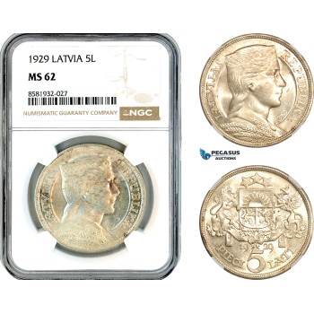 AL048, Latvia, 5 Lati 1929, London Mint, Silver, NGC MS62