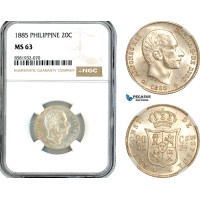 AL053, Philippines, Spanish Administration, Alfonso XII, 20 Centimos 1885, Manila Mint, Silver, NGC MS63