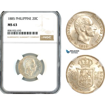 AL053, Philippines, Spanish Administration, Alfonso XII, 20 Centimos 1885, Manila Mint, Silver, NGC MS63