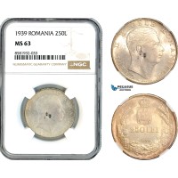 AL056, Romania, Carol II, 250 Lei 1939, Bucharest Mint, Silver, NGC MS63