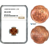 AL059, Russia, Nicholas II, 1/2 Kopek 1909 СПБ, St. Petersburg Mint, NGC MS64RB