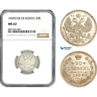 AL061, Russia, Nicholas II, 20 Kopeks 1909 СПБ-ЭБ, St. Petersburg Mint, Silver, NGC MS62