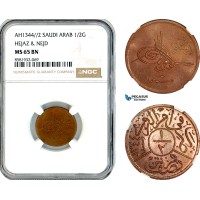 AL062, Saudi Arabia (Hejaz & Nejd) Abd Al-Aziz bin Sa'ud, 1/2 Ghirsh AH1344//2, NGC MS65BN