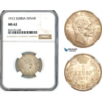 AL063, Serbia, Petar I, 1 Dinar 1912, Silver, NGC MS62