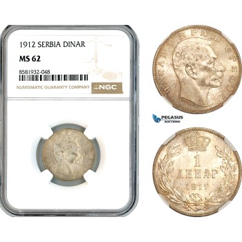 AL063, Serbia, Petar I, 1 Dinar 1912, Silver, NGC MS62
