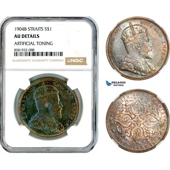 AL064, Straits Settlements, Edward VII, 1 Dollar 1904 B, Bombay Mint, Silver, NGC AU Details