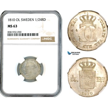 AL065, Sweden, Carl XIII, 1/24 Riksdaler 1810 OL, Stockholm Mint, Silver, NGC MS63