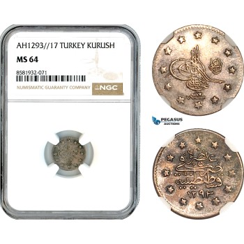 AL066, Turkey, Ottoman Empire, Abdülhamid II, 1 Kurush AH1293//17, Silver, NGC MS64