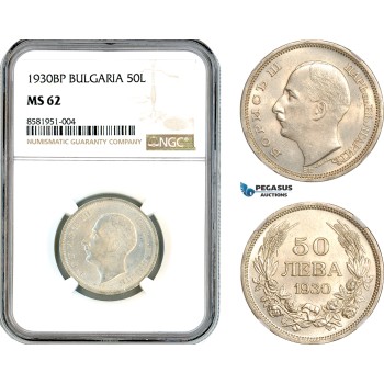 AL071, Bulgaria, Boris III, 50 Leva 1930 BP, Budapest Mint, Silver, NGC MS62