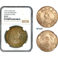 AL072, China, “Memento” Dollar 1927, Silver, L&M 49, 6 Pointed Stars, NGC MS62