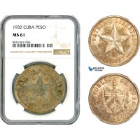 AL074, Cuba, "Star Type" Peso 1932, Philadelphia Mint, Silver, NGC MS61