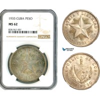 AL075, Cuba, "Star Type" Peso 1933, Philadelphia Mint, Silver, NGC MS62