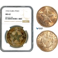 AL076, Cuba, "Star Type" Peso 1933, Philadelphia Mint, Silver, NGC MS62