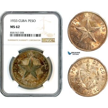 AL076, Cuba, "Star Type" Peso 1933, Philadelphia Mint, Silver, NGC MS62