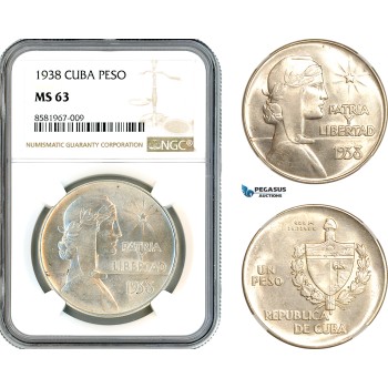 AL077, Cuba, "ABC" Peso 1938, Philadelphia Mint, Silver, NGC MS63