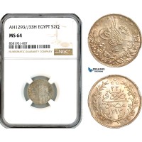 AL079, Egypt, Ottoman Empire, Abdul Hamid II, 2 Qirsh AH1293//33 H, Heaton Mint, Silver, NGC MS64