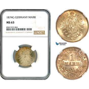 AL084, Germany, Wilhelm I, 1 Mark 1874 G, Karlsruhe Mint, Silver, NGC MS63