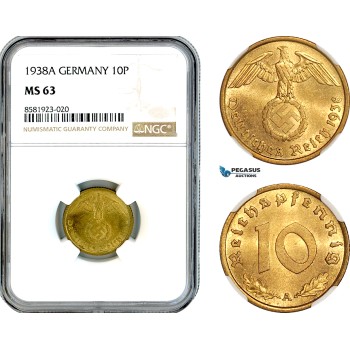 AL086, Germany, Third Reich, 10 Reichspfennig 1938 A, Berlin Mint, NGC MS63