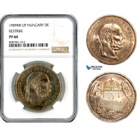AL090, Hungary, Franz Joseph, Restrike 5 Korona 1909 KB UP, Budapest Mint, Silver, NGC PF66