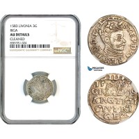AL092, Latvia, Stefan Bathory of Poland, 3 Groschen 1583, Riga Mint, Silver, NGC AU Details