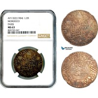 AL093, Morocco, Abd al-Aziz, 1/2 Rial AH1322 (1904) Paris Mint, Silver, NGC MS63
