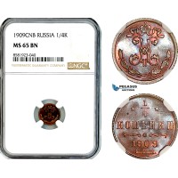 AL095, Russia, Nicholas II, 1/4 Kopek 1909 СПБ, St. Petersburg Mint, NGC MS65BN