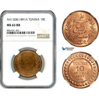 AL107, Tunisia, French Protectorate, 10 Centimes AH1308 // 1891- A, Paris Mint, NGC MS65RB