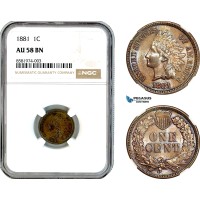 AL108, United States, Indian Head Cent 1881, Philadelphia Mint, NGC AU58BN