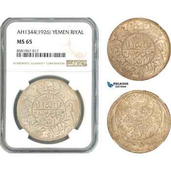 AL111, Yemen, Yahya Muhammad Hamid ed-Din, 1 Riyal AH1344 (1926) Silver, NGC MS65
