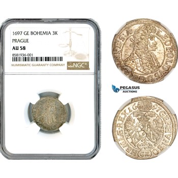 AL114, Austria (Bohemia) Leopold I, 3 Kreuzer 1697 GE, Prague Mint, Silver, NGC AU58
